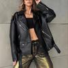 Women Coat Faux Leather Slim Fit Solid Color Turn-down Collar Zipper Rivet Decor Smooth Cardigan Long Sleeve Lady Motor Jacket