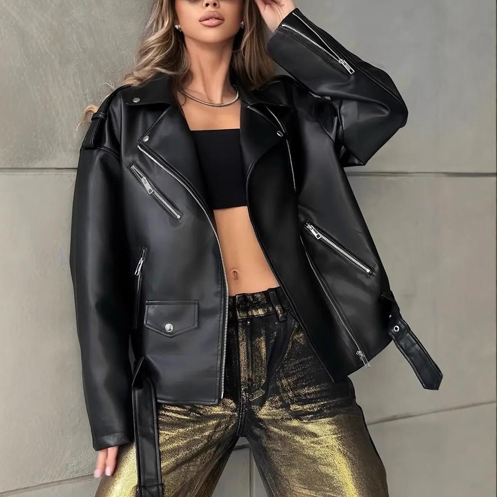 Women Coat Faux Leather Slim Fit Solid Color Turn-down Collar Zipper Rivet Decor Smooth Cardigan Long Sleeve Lady Motor Jacket