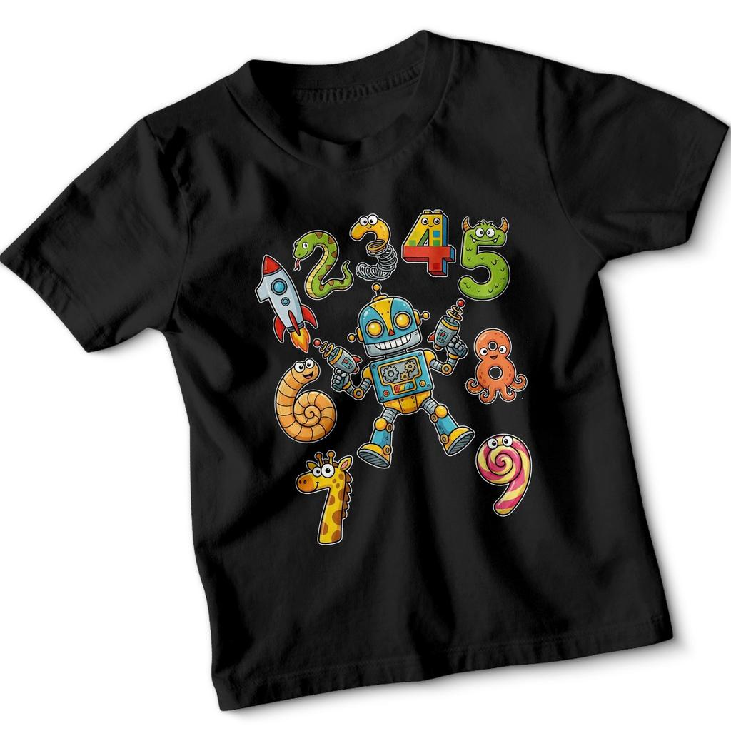 Robot Numbers Day Counting Kids T-Shirt Learning Education Fun Playful Tee