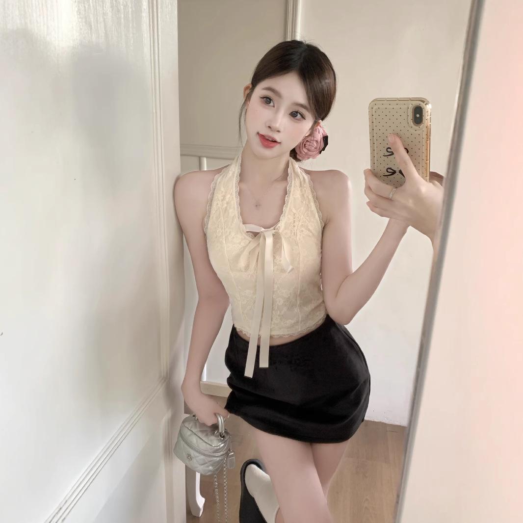 

Камисоль с V-образным вырезом, жаккардовым кружевом и бантом - Женский облегающий топ-халтер без спинки One size (40-63 kg) абрикосовый