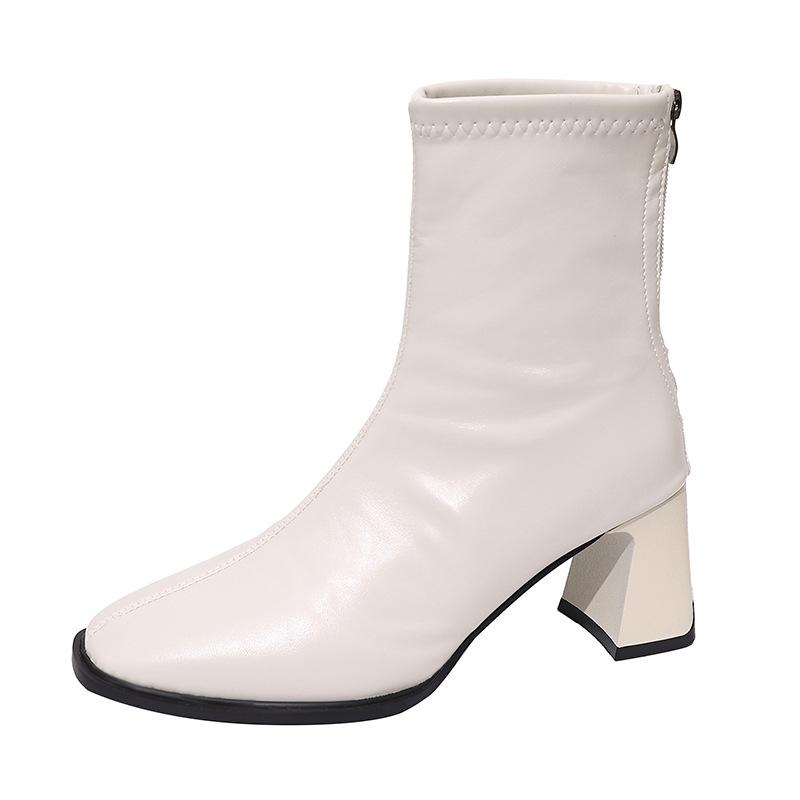 French short boots and ankle boots women's autumn and winter velvet square elastic thin boots thick heel high heel Martin boots