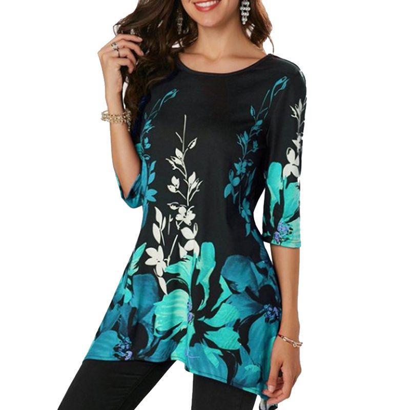 Plus Size Womens Asymmetric Floral Printed Short Sleeve Tunic Blouse For Summer Comfort