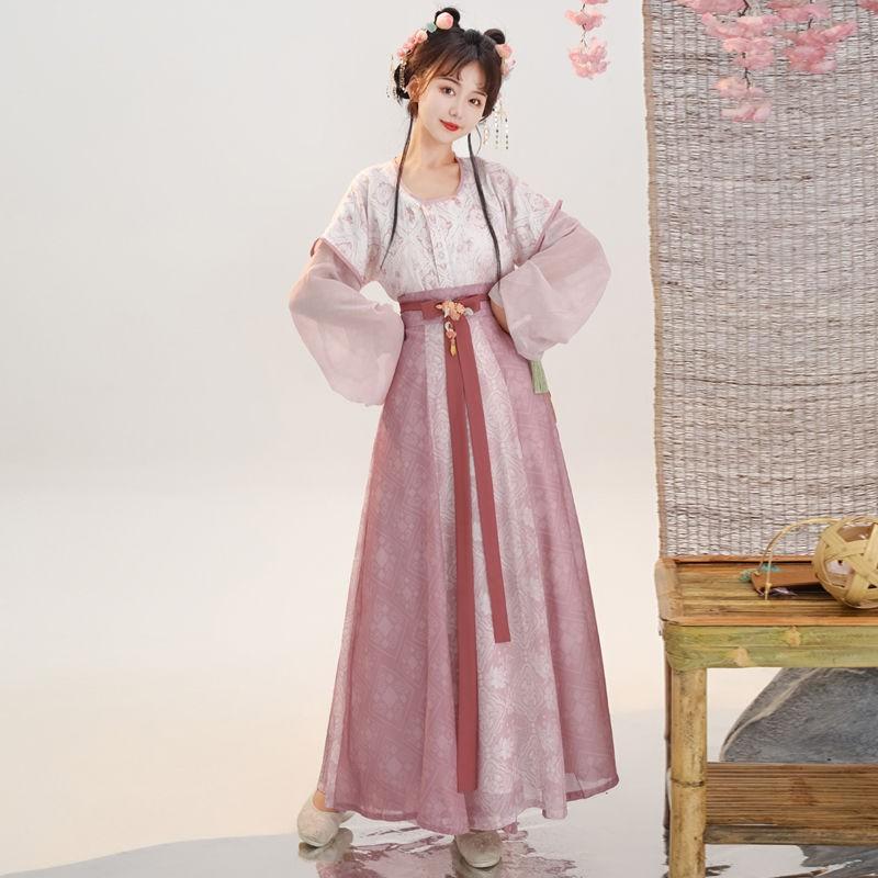 Traditional Tang Dynasty Style Hanfu Set: Printed Beizi Top Round Neck Shirt Waist-High Eight-Panel Skirt