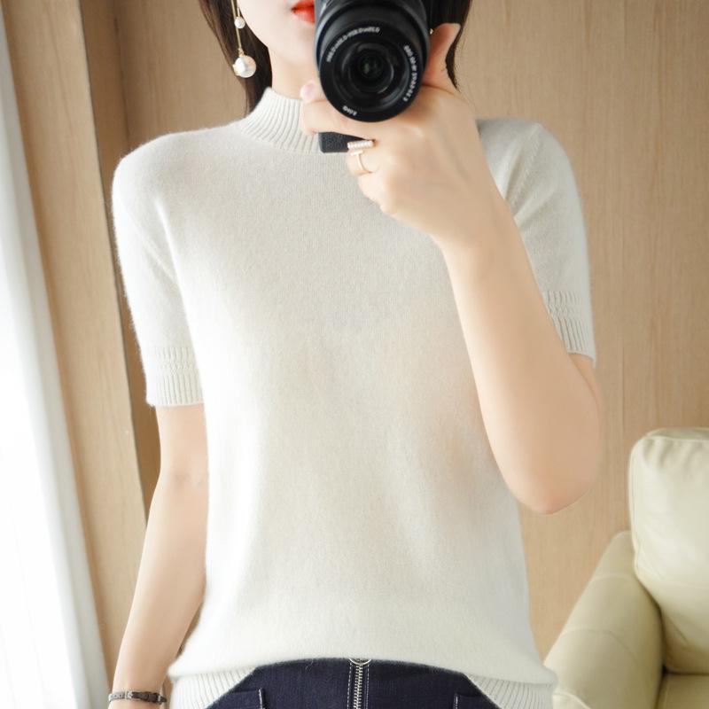 Women's Wool Blend Half High Neck Short Sleeve Sweater