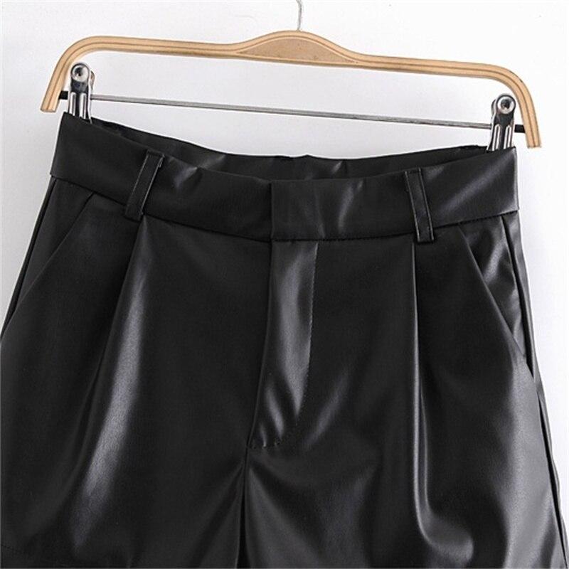 Women Chic Fashion Faux Leather Side Pockets Shorts Vintage High Waist Zipper Fly Female Skirts Mujer Streetwear