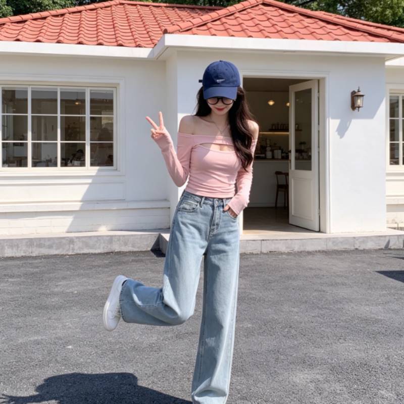 Spring Off Shoulder Hollow Out Long Sleeve T Shirt With Slim Fit For Casual Wear