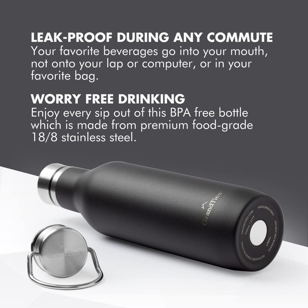 GRANDTIES Traveler Bottle, 620ml, Available in 6 Colors (Midnight Black), with Two Lids, Double-Layer Vacuum Insulated Stainless Steel Bottle, Keeps