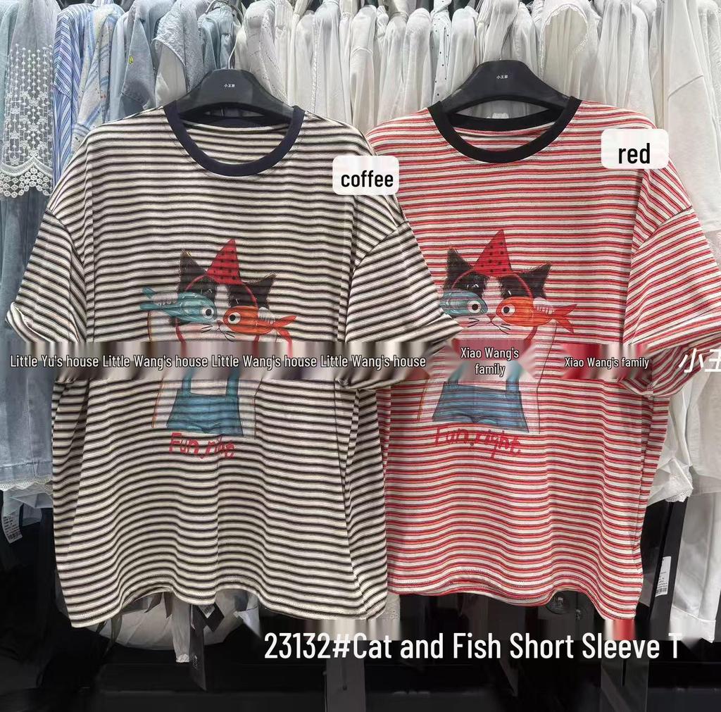 Xiao Wang's Summer Korean Style Casual Plus Size Cartoon Print Stripe T-shirt