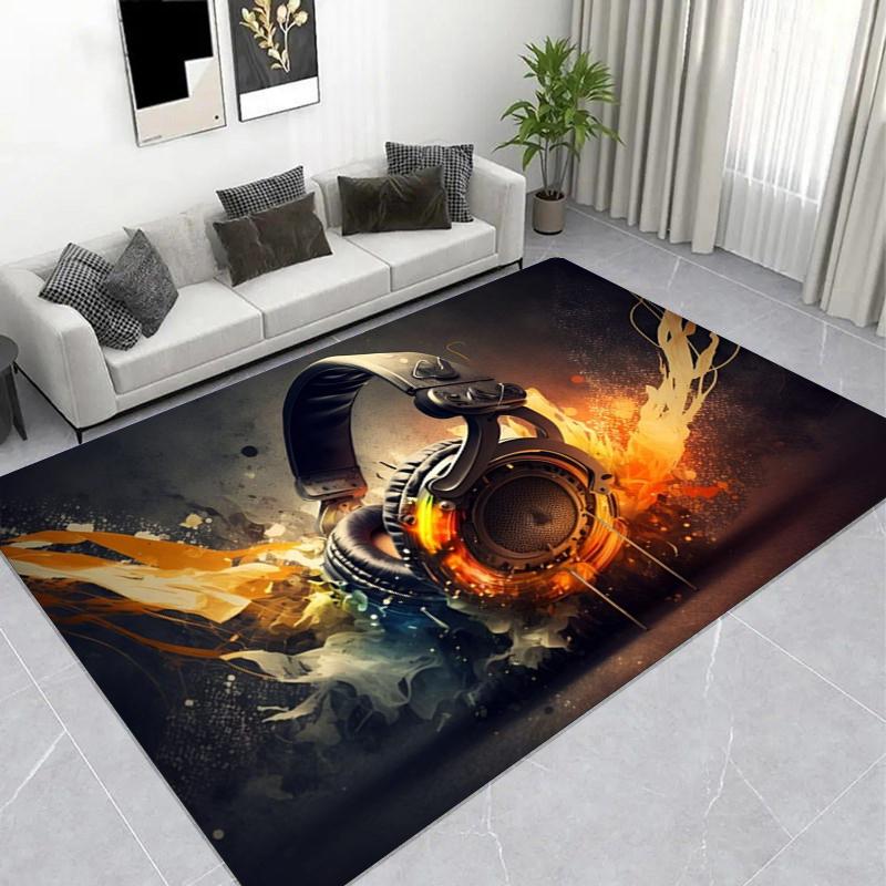Fire Headphones Music Graffiti Printed Area Rug, Non-Slip Living Room Floor Mat Home Decor