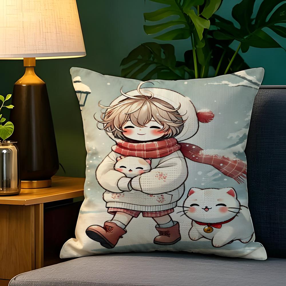 Beautiful And Lovely Girl Little Family 2 Pillow Case Natural Linen Pillow Case Double-Sided Decor Sofa Pillowcase Home Decor