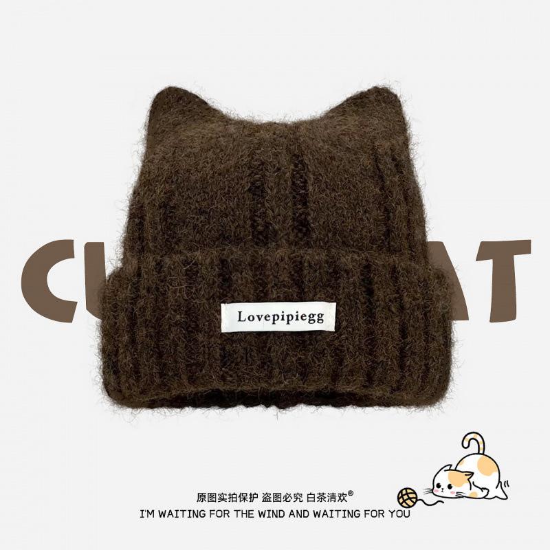

Cat ear knitted hat autumn and winter women s temperament Korean version warm wool hat big head circumference showing face small ear protection кавовий