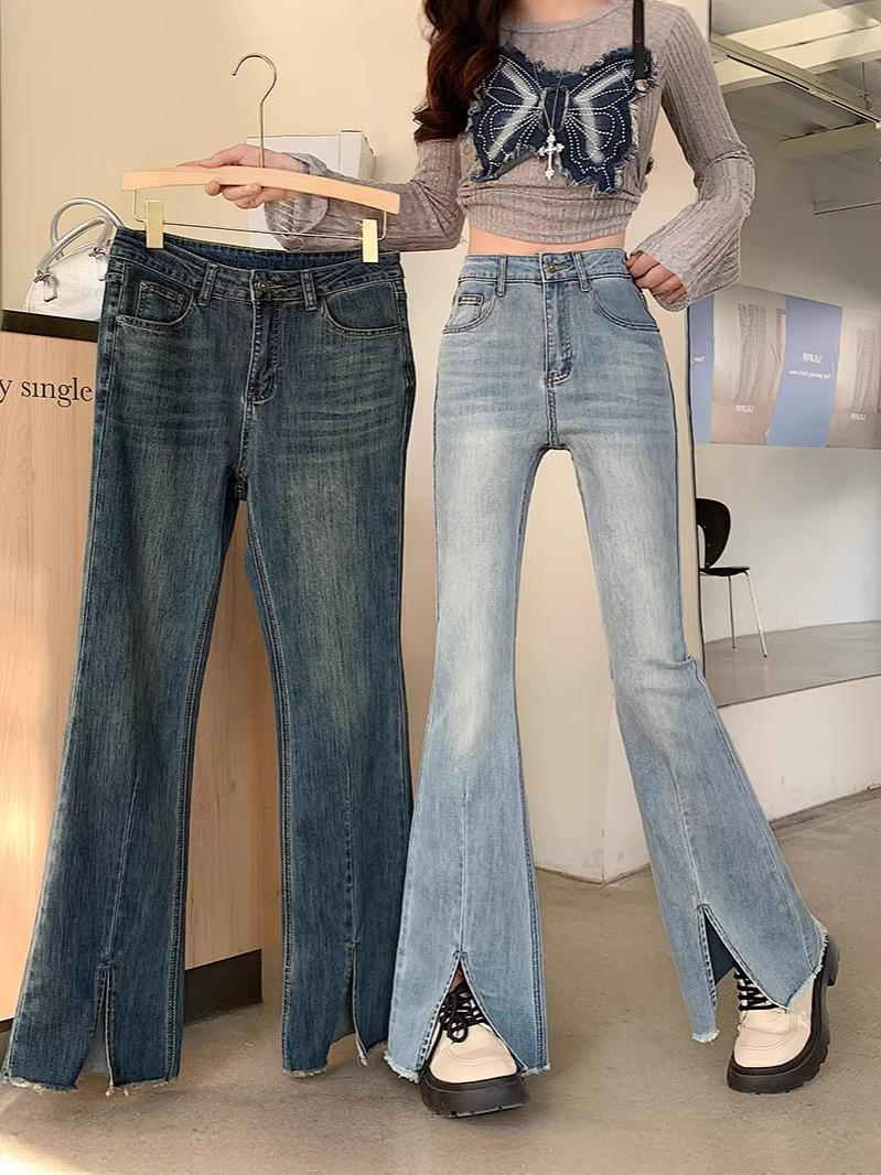 2026 Spring Plus Size Women s Retro High-Waisted Micro-Flare Bodycon Split Jeans 4XL