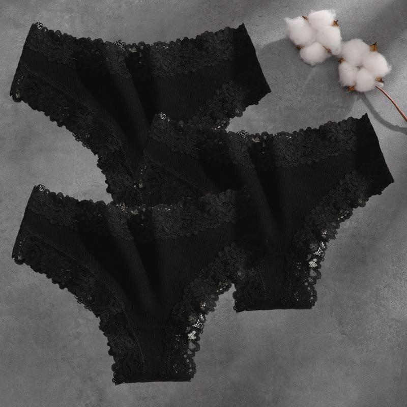 FINETOO 3Pcs Cotton Lace Patchwork Bikini Panties Women Seamless Floral Print Brazilian Pants Low Waist Breathable Female Sexy Lingerie