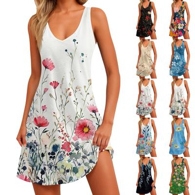 Damenkleid mit Blumendruck, Weste, Rock mit Taschen, Strandrock, Westenrock mit V-Ausschnitt