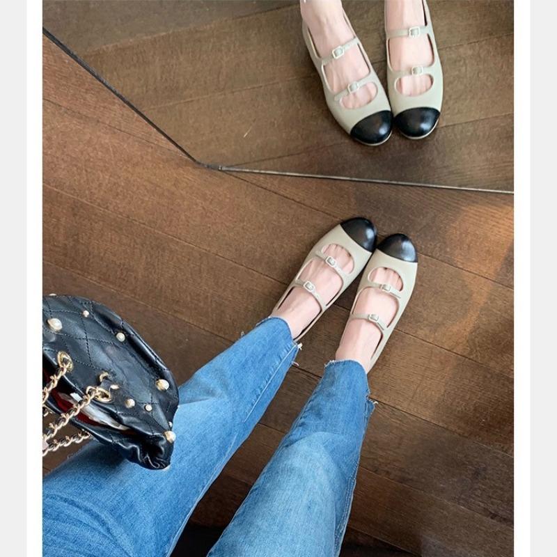 Mode Femmes Chaussures Mary Jane Plates à Bout Rond et Décolleté Bas Ballerines Chaussures à Sangle Double Boutonnage Escarpins à Talons Bas d'Été
