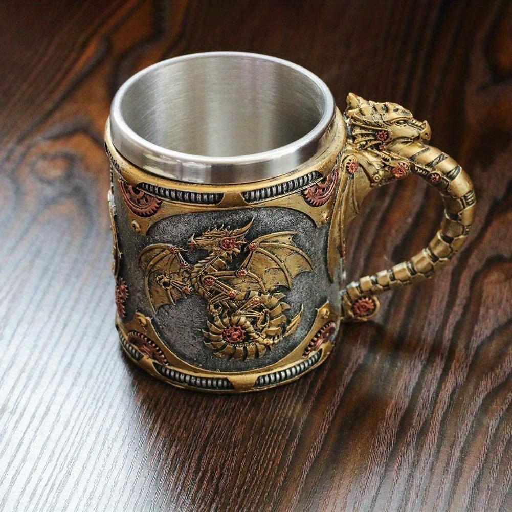 Vintage Medieval Steampunk Dragon Mug Stainless Steel Coffee Cup Metal Mechanical Loong Beer Cola Drinks Tools Men Office Gifts