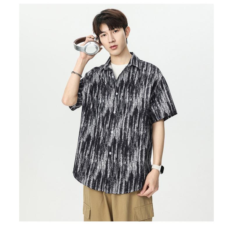 Men's Black White Abstract Stripe Print Short Sleeve Shirt - Oversized Casual Streetwear Summer Button Up