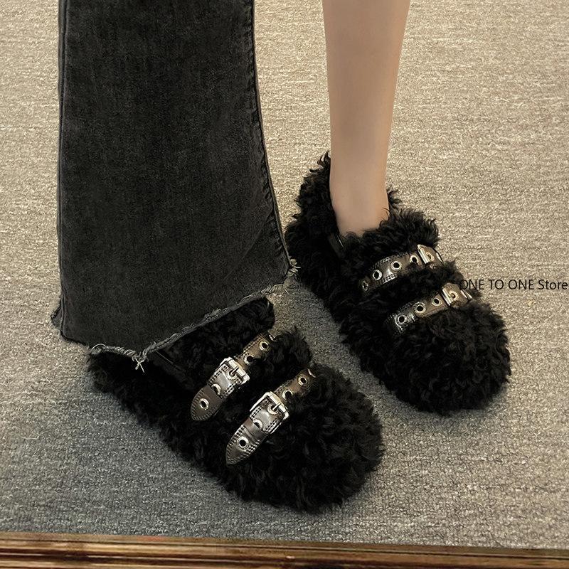 Mode Winter Schuhe Damen Clogs Plateau Runde Zehen Loafers Fell Flacher Ausschnitt Lässige Damen Sneaker Mokassin Neu Creepers Bequem S