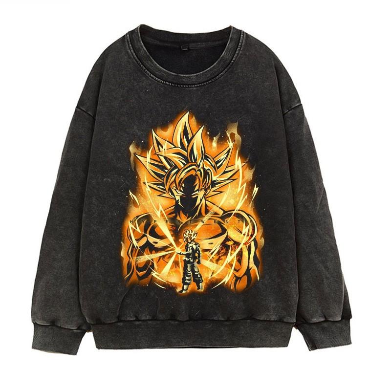 Vintage Washed Dragon Ball Anime Hoodie-Free Crewneck Sweatshirt Teens Men Streetwear Casual Long Sleeve Cotton