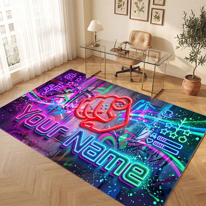 Neon Colorful Theme Crystal Velvet Floor Rug Personalized Custom Name Text Warm Carpet Home Decoration