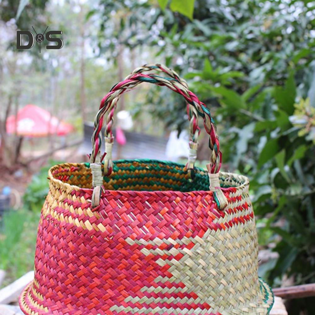 Dayuansheng Folding Straw Wicker Storage Basket Handle Garden Flower Pot Planter Laundry Bag