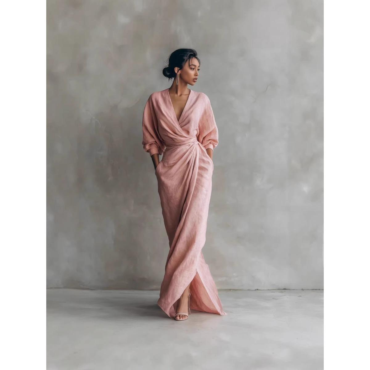 Women s Deep V Neck Lantern Sleeve Wrap Waist Side Split Pocket Linen Look Maxi Dress S