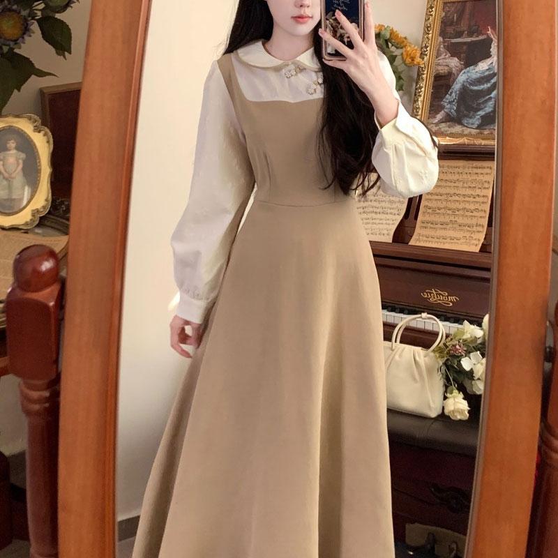 Vintage Doll Collar Midi Dress Women's Clothing Stylish Chinese Disc Buckle Spring Autumn Fake Two Pieces A-Line Spliced Dresses