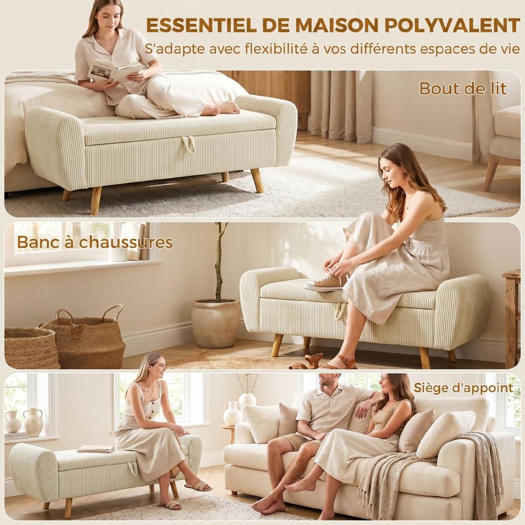 Storage Bench 73 L, Padded Corduroy Storage Chest with Armrests and Rubberwood Legs, Beige