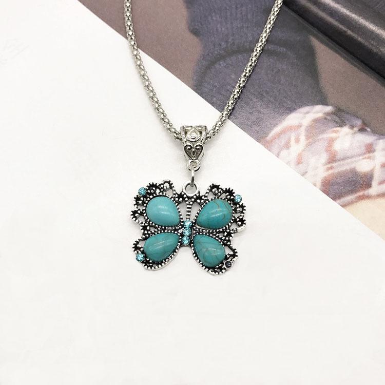 Vintage Necklace Earrings Set Bohemian Ancient Silver Turquoise Sweater Collarbone Chain Versatile Earrings