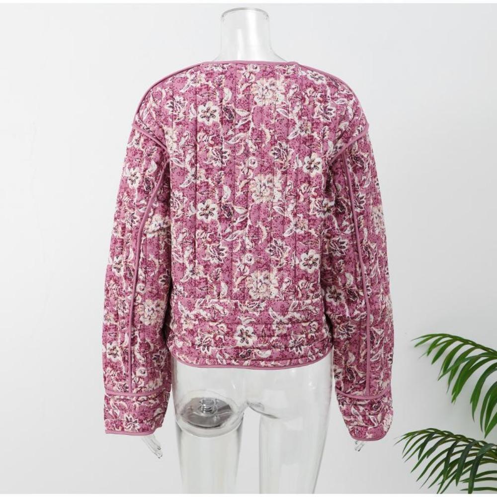 VAYLA Schicke Damen Baumwolljacken mit floralem Druck Elegant Einreihig Stehkragen Lässige Mäntel Herbst Winter Damen Stepp-Oberbekleidung