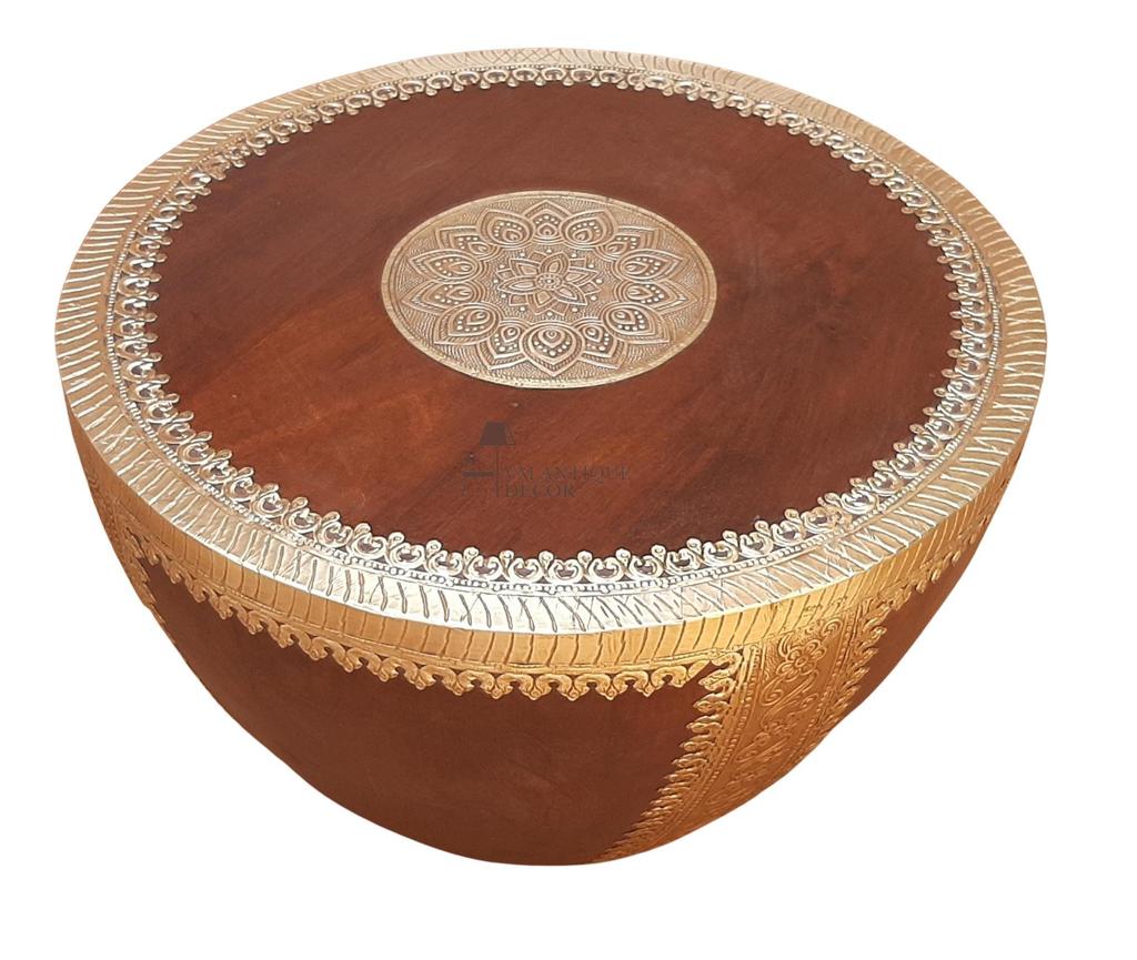 Wooden Solid Handicrafted Brass Embossed Drum Coffee Table Brass Center Table with Intricate Carvings Style , Embellished Round Side Table