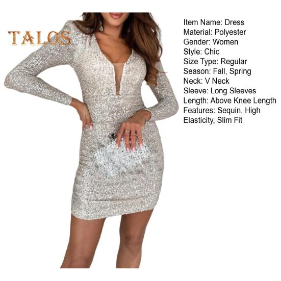 Lady Club Kleid V-Ausschnitt Pailletten Langarm Hohe Elastizität Etuikleid Mesh Patchwork Promi Bankett Abschlussball Cocktail Party Minikleid