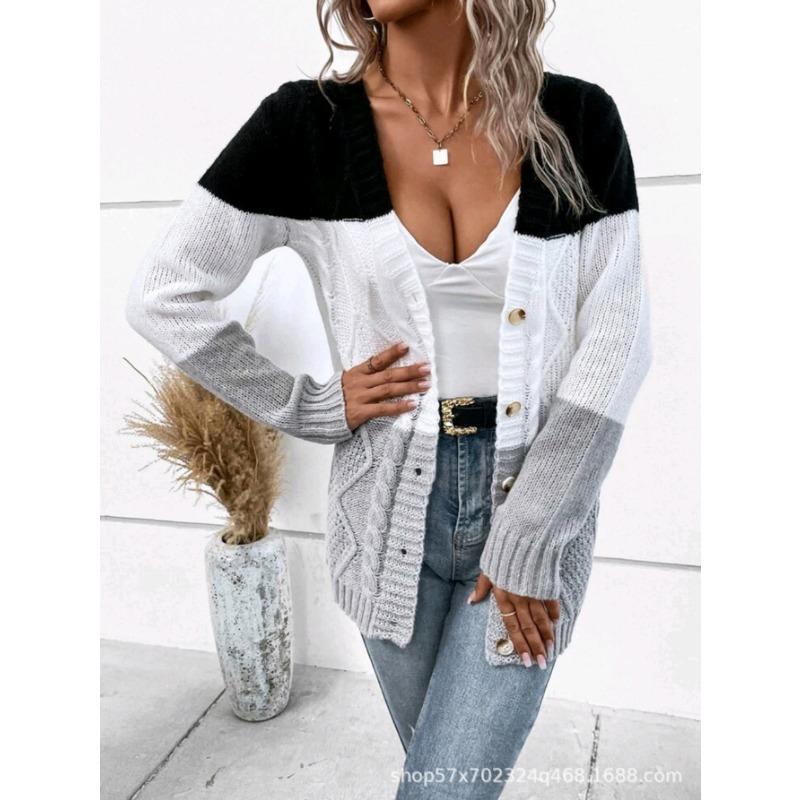 Women European American Lazy Style Striped V Neck Long Sleeve Knit Cardigan Sweater