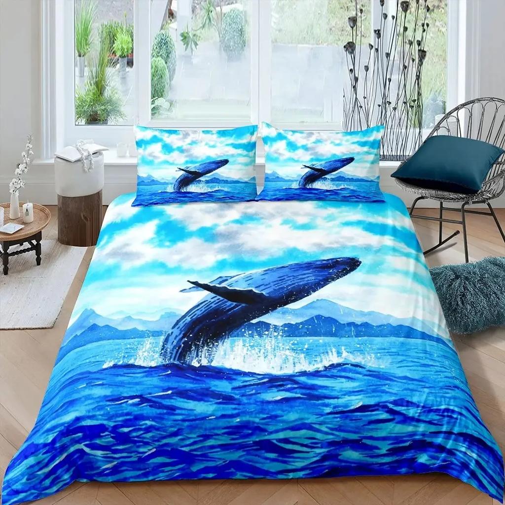 Killer Whale Nautical Ocean Whale Tie Dye Comfortable Duvet Quilt Cover Pillowcase Bedding Set Bedroom Decoration Home Textile