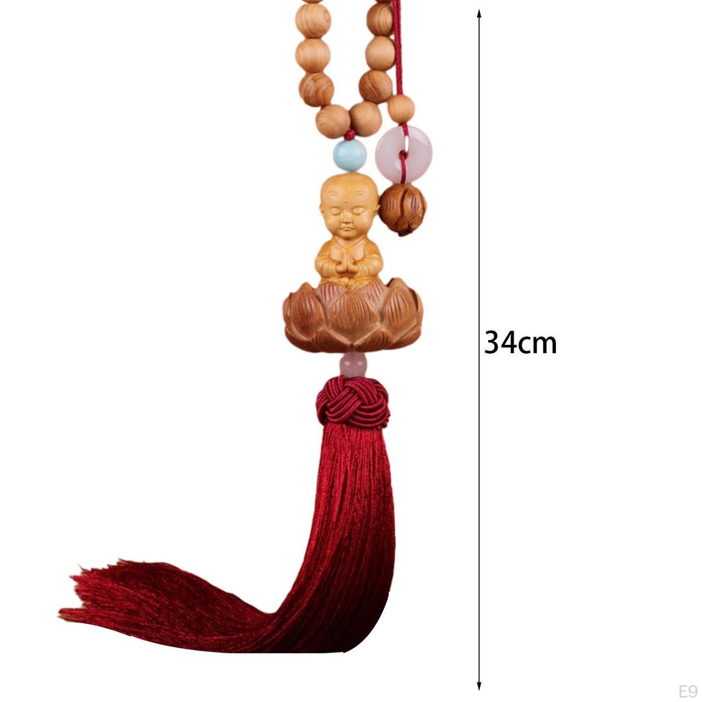 Lotus Beaded Car Pendant Rear View Mirror Statue, Wooden Sculpture Hanging Decoration