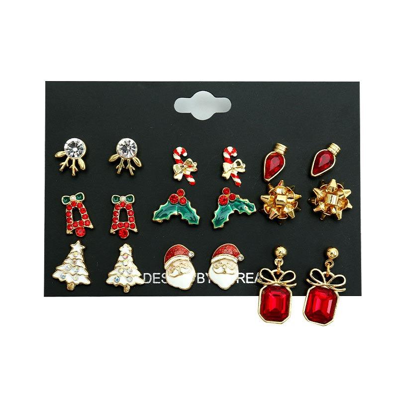 Christmas stud earrings set, elk cane bow hat tree old man alloy Christmas earrings