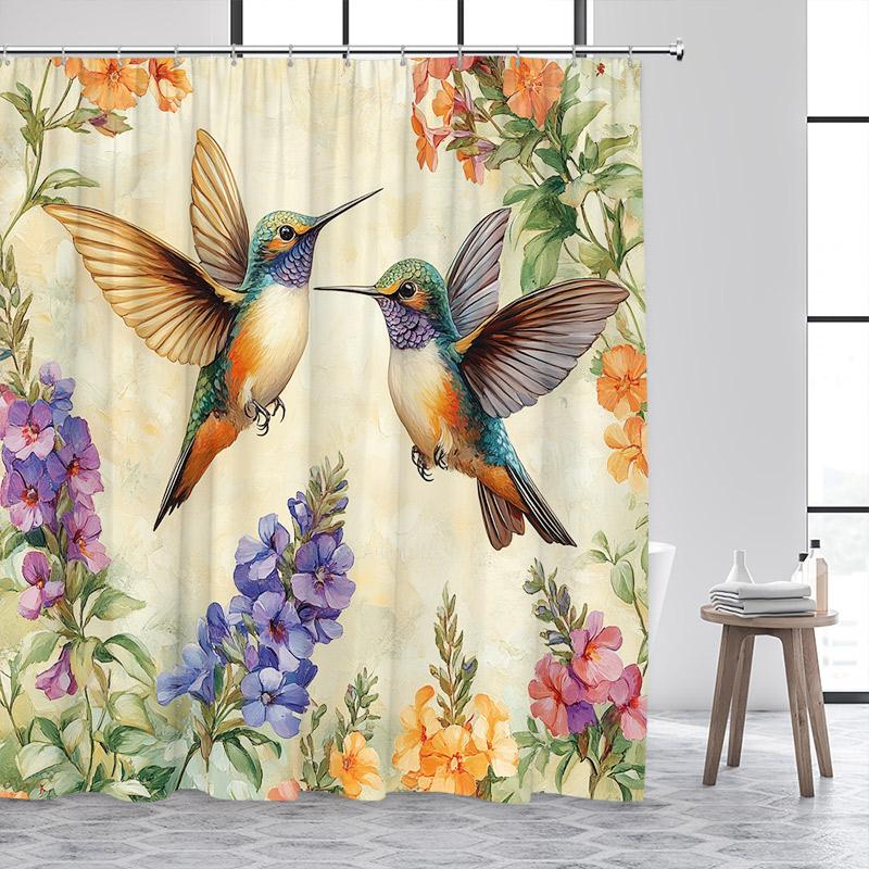 Hummingbird Shower Curtain Watercolour Floral Purple Lavender Butterfly Plant Polyester Fabric Bathroom Curtain Decor With Hooks