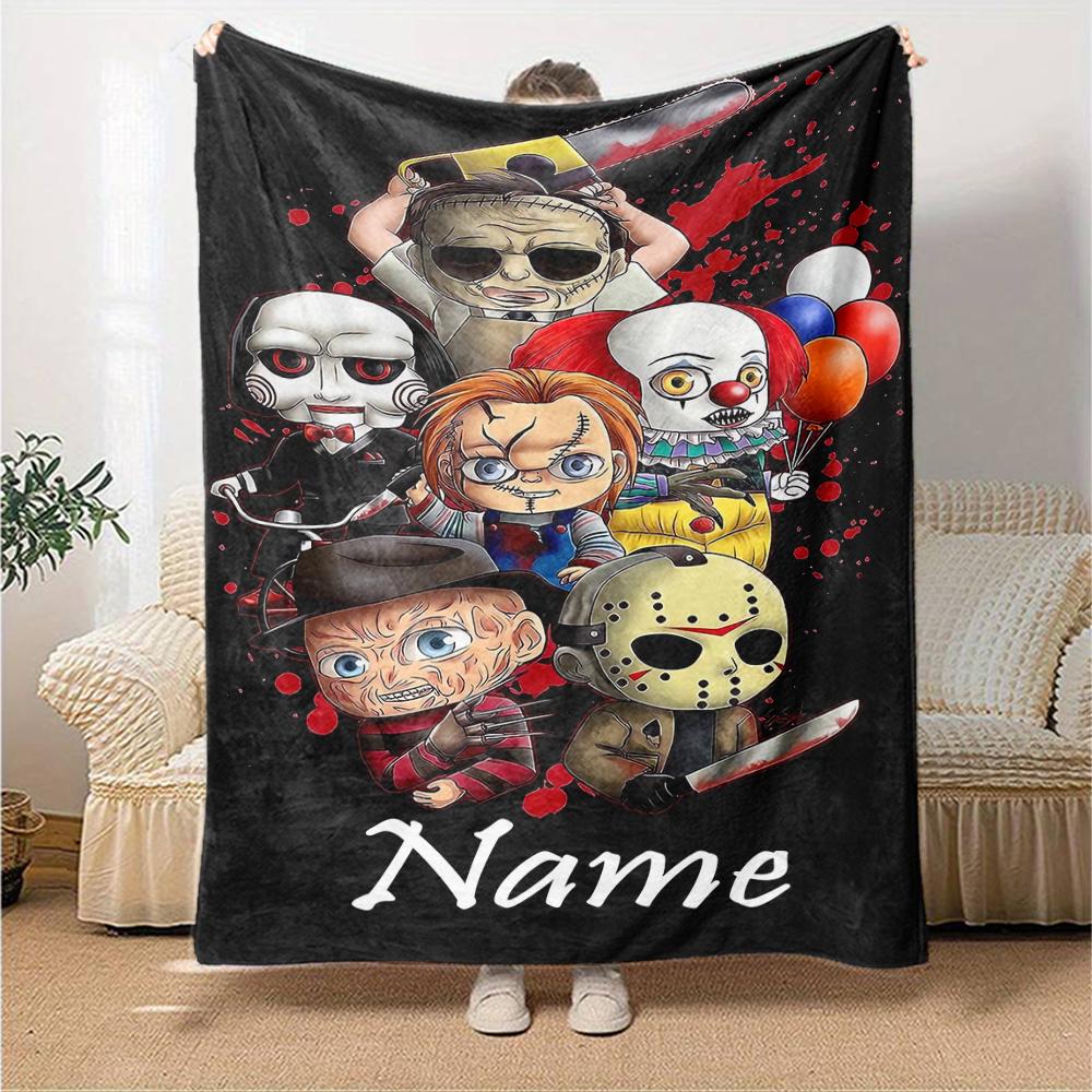 Custom Name Halloween horror Theme Printed Blanket - Perfect for Couch, Bed, Travel & Outdoor Use | Machine Washable, Cozy & Durable.