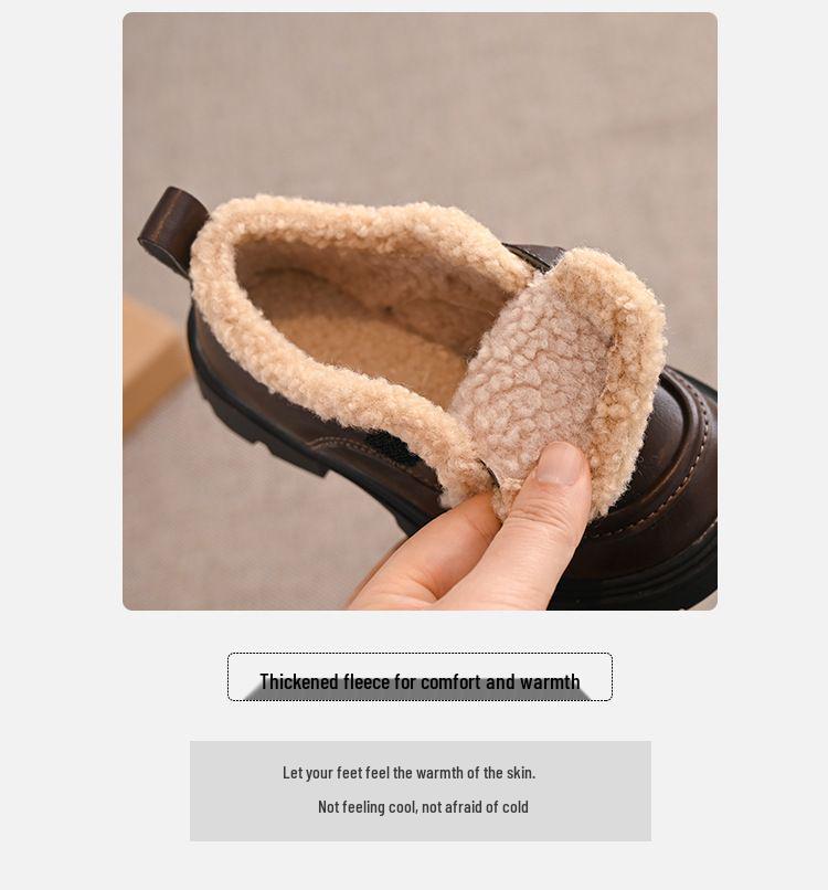 2025 Girls' Fleece-Lined Leather Loafers with Buckle, Thick-Soled Mary Janes, Brown