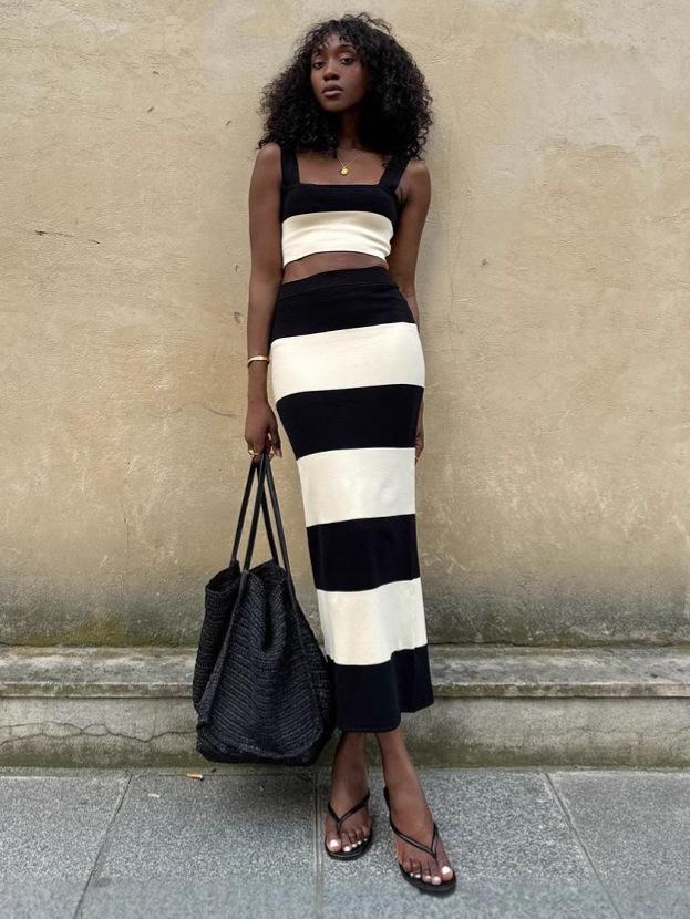 2026 European Spring/Summer Striped Bandeau Fashion Bandage Dress Set Medium