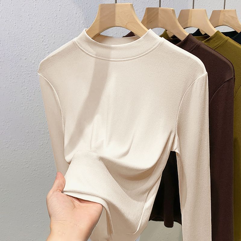 Women‘s Stand Collar Long Sleeve Slim Fit T-Shirt Solid Ribbed Casual Top Tee