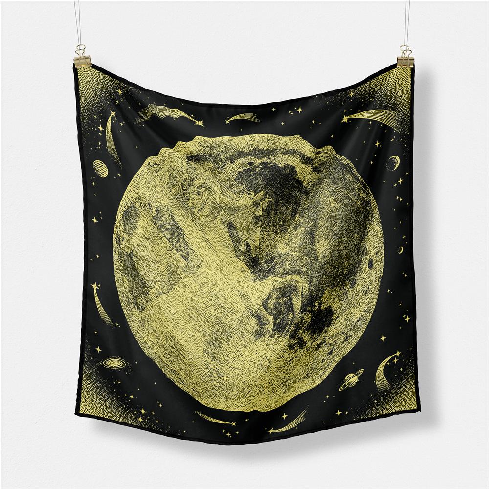 53CM Twill Silk Scarf Woman Planet Painting Square Scarves Wraps Bandana Small Hijab Silk Foulards Tie Headband Neckerchief