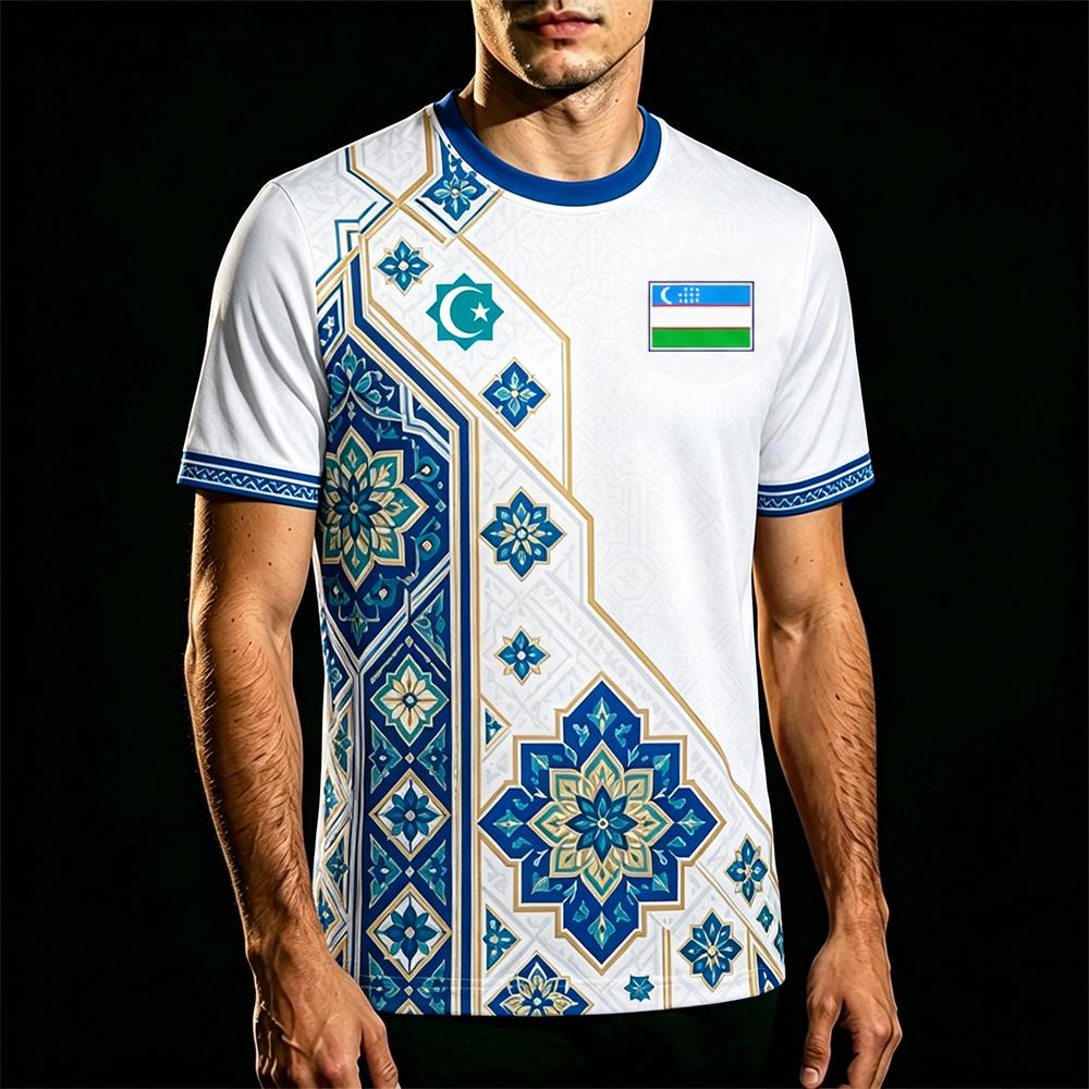 Uzbekistan National Flag 3D Printed Football Suit Men's Breathable Training Suit T-shirt Traditional Pattern O-neck Top