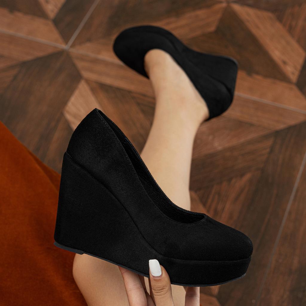 Spring Autumn Suede Women's Wedge Heels Shoes Round Toe Retro Thick Sole Platform High Heels Large Size Women's Shoes