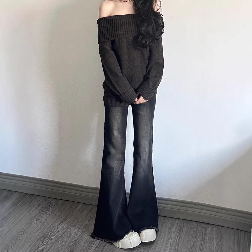 

Women s Black High-Waisted Micro-Flare Jeans - Frayed, Loose, Wide-Leg, Bootcut - Spring/Autumn 2026 Trend XL
