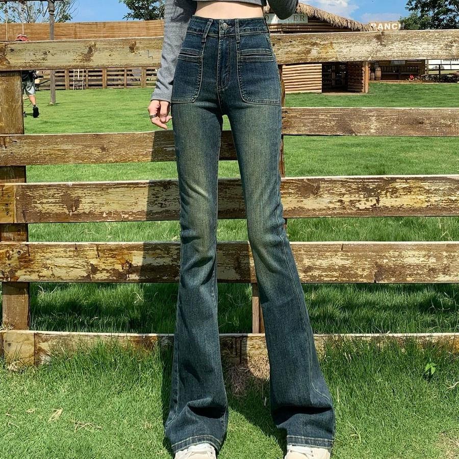 

2024 Джинсы с высокой талией, цементные, облегающие, стрейч, ретро, расклешенные, маленького размера - Осень S [Recommended 80-95 jin]