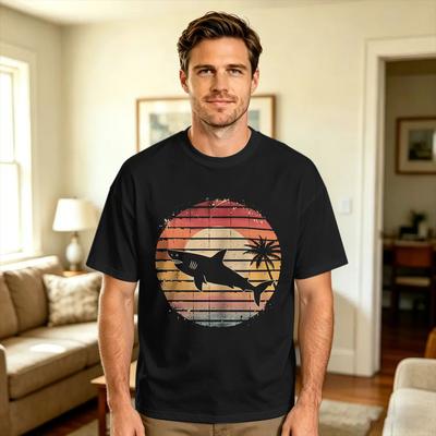Unisexs TShirt Sunset Beach Shark Graphic TShirts Harajuku Summer Tee Shirt Aesthetic Cotton Tops Gift Idea