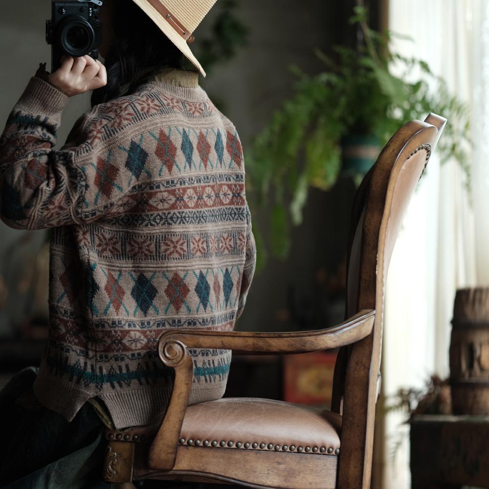 Johnature Dámské vintage pletené svetry s květinovým potiskem s kulatým výstřihem a dlouhým rukávem, podzimní měkké dámské svetry