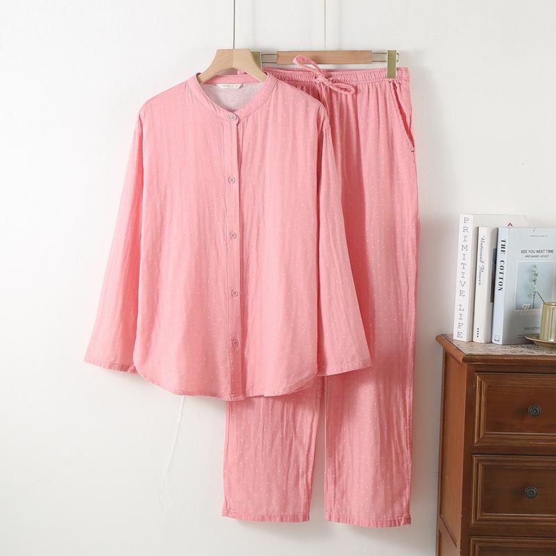 

Женская хлопковая двуслойная марлевая пижама, весна/осень, в горошек, с длинным рукавом, свободный крой, больших размеров, домашняя одежда X-Large розовый