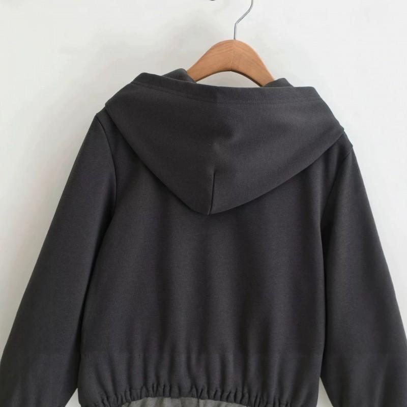 Womens Short Sweet Fresh Jacket Dual Metal Buckle Solid Color Hooded Zip Up Long Sleeve Casual Style